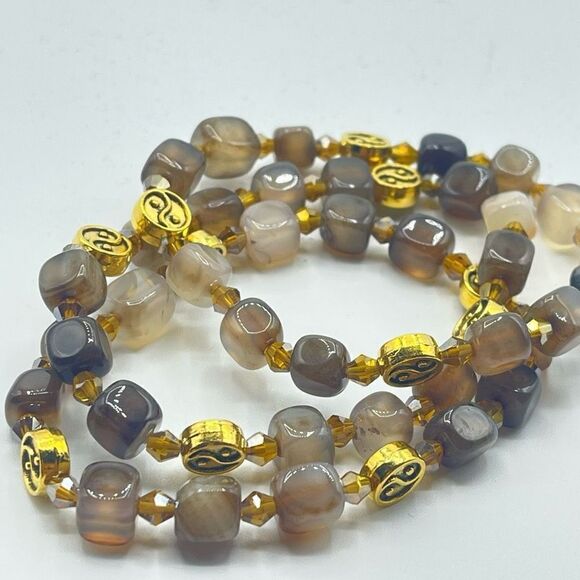 Crystal beaded stretch bracelet ONE NEW yin Yang coffee agate - Picture 8 of 10
